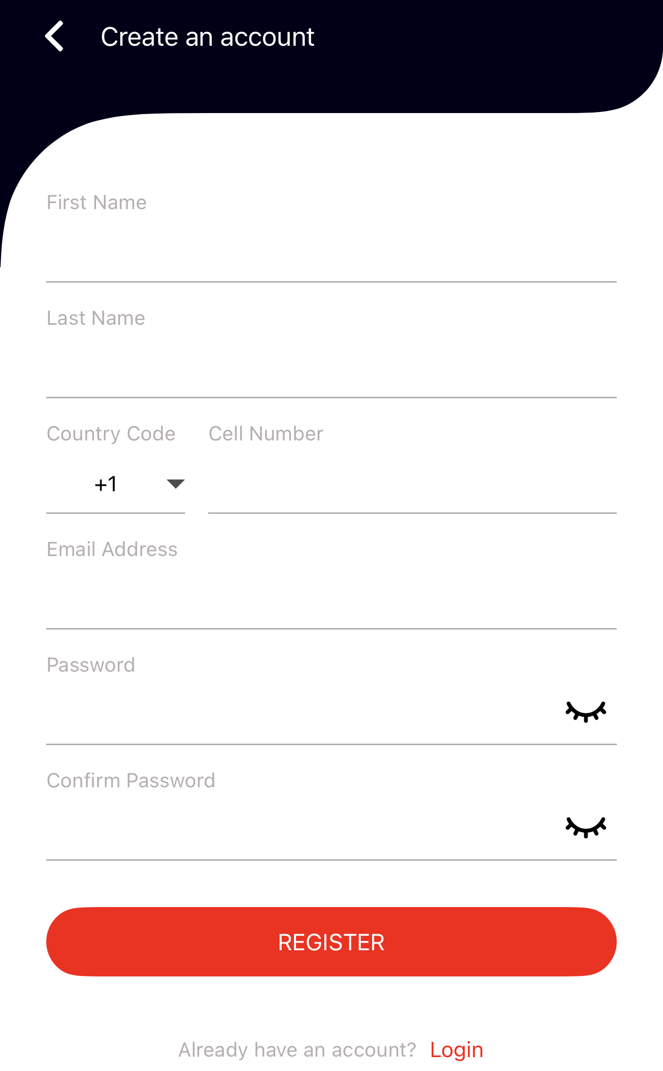 Create account screen